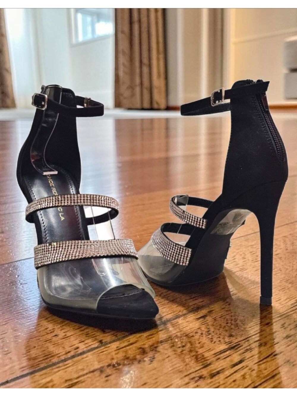 Rhinestone Clear Strap High Heels With Ankle Buckle & Back Zipper - Elegant Blac - Picture 2 of 14
